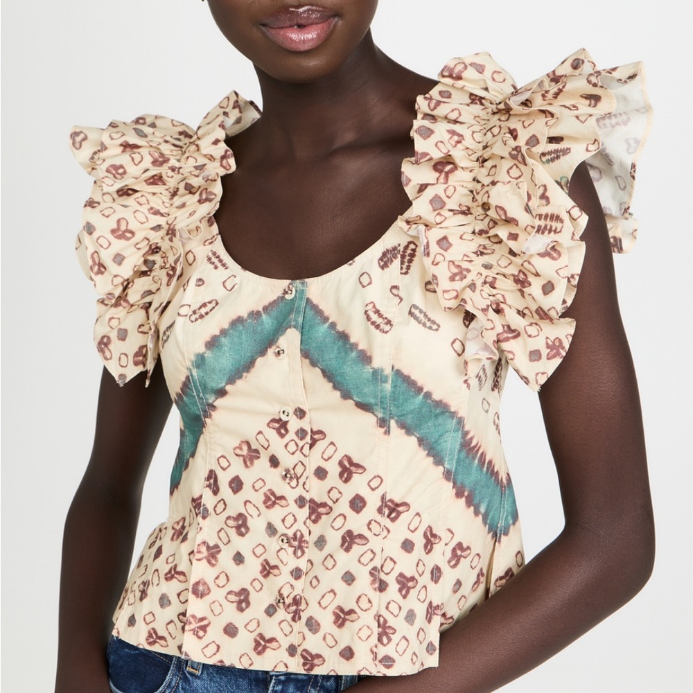 Ulla Johnson Cream and Green Milla Ruffled Top